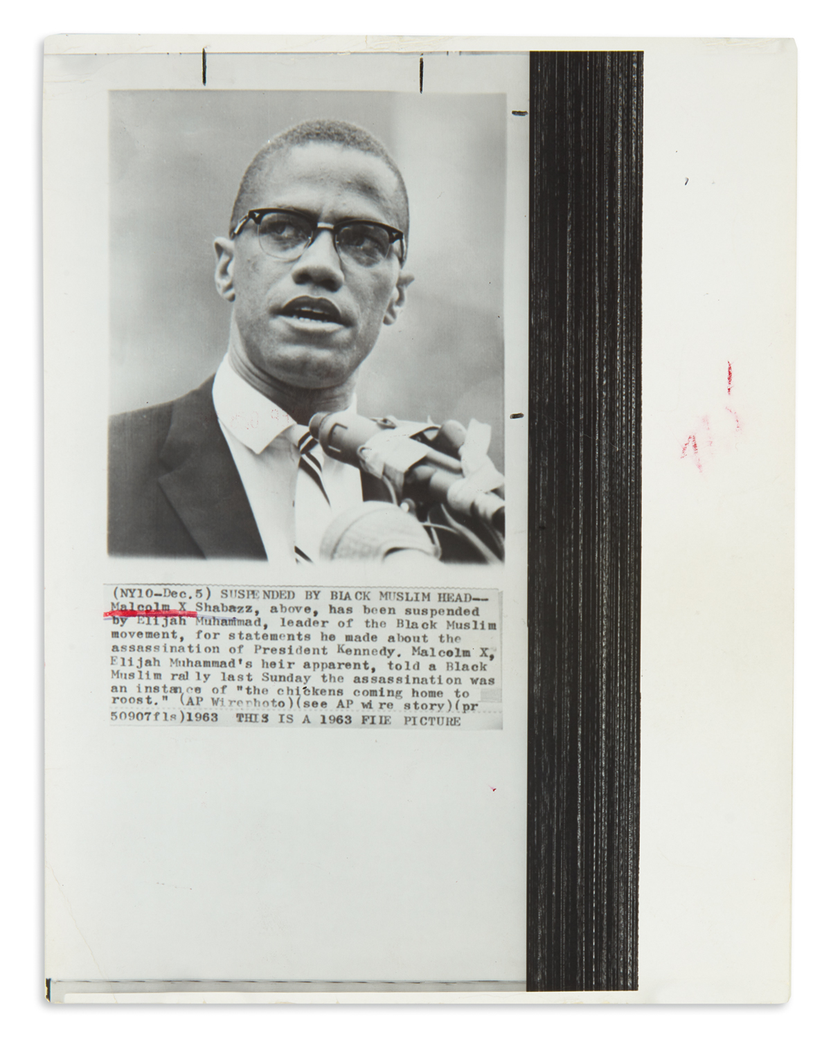 (MALCOLM X.) Press photograph of Malcolm X issued after his controversial comments on the Kennedy assassination.